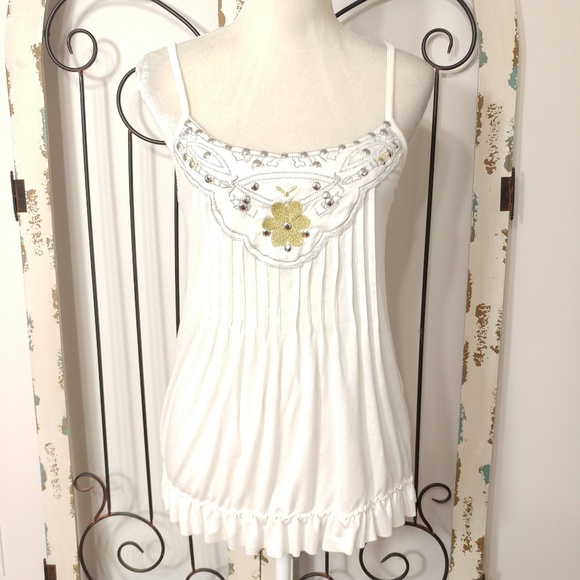 Design History Tops - Embellished pintuck ruffle tank top large